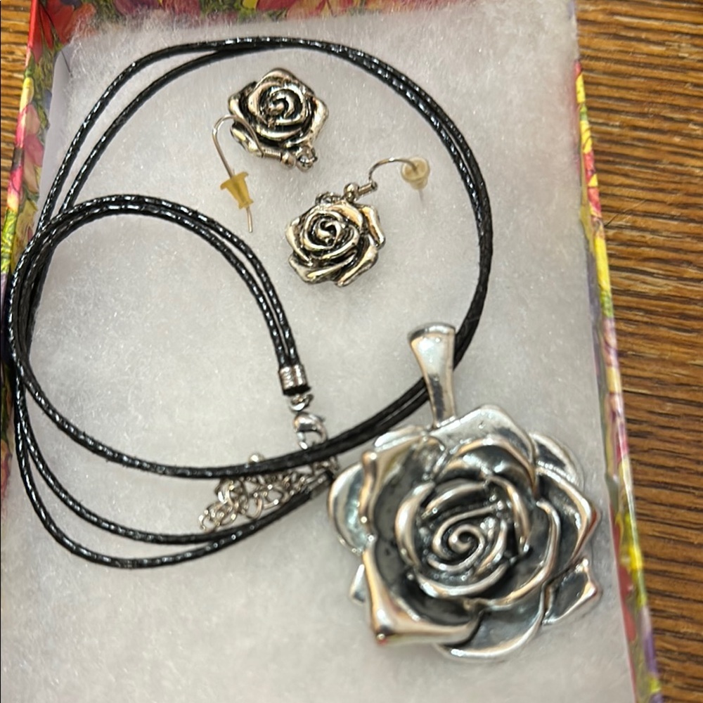 Silver Rose Pendant Necklace and Matching Rose Stud Earrings - Black Cord used